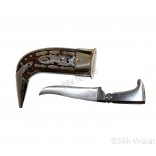 Kirpan Or Kirpaan Iron Taksali Travel Sized Engraved with pattern on a wooden surface - Small Color brown Size 3.5 Inch or 8.89 cm 