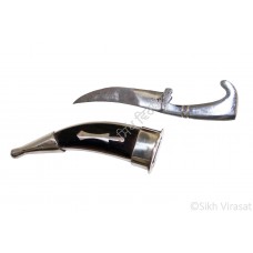 Kirpan Or Kirpaan Iron & Stainless-steel Engraved with Khanda on a wooden surface - Small Color brown Size 4.7