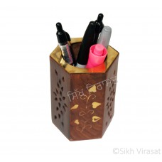 Pen Holder Or Pen Stand Wood & Brass Hexagon Shaped Multi design Height 4 Inch
