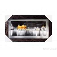 Golden Temple or Harmandir Sahib or Darbar Sahib Black, White & Golden Photo, Wooden Frame with Attractive wavy lined pattern, Size – 10x20