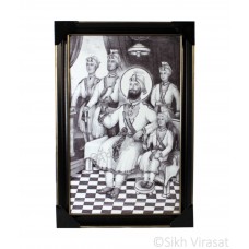 Shri Guru Gobind Singh Ji With 4 Sahibzade Black & White Photo, Wooden Frame with matte finish and golden outlines, Size – 12x18