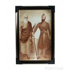 Shri Guru Nanak Dev Ji & Shri Guru Gobind Singh Ji Sepia Sketch Photo, Wooden Frame with matte finish and golden outlines, Size – 12x18