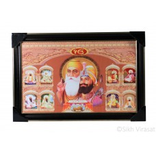 Ten Gurus or Das Guru Sahiban & Shri Guru Granth Sahib Ji Colored Photo, Wooden Frame with matte finish and golden outlines, Size – 12x18