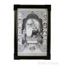 Ten Gurus or Das Guru Sahiban & Shri Guru Granth Sahib Ji Black & White Photo, Wooden Frame with matte finish and golden outlines, Size – 12x18