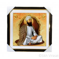 Shri Guru Teg Bahadar Ji Golden Outlined Photo, Wooden Frame with Attractive pattern, Size – 16x16