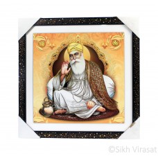Shri Guru Nanak Dev Ji Golden Outlined Photo, Wooden Frame with Attractive pattern, Size – 16x16