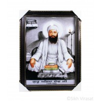 Shri Guru Angad Dev Ji Colored Photo, Wooden Frame with lined pattern and golden borders, Size – 17x23