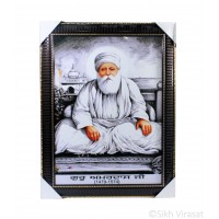 Shri Guru Amardas Ji Colored Photo, Wooden Frame with lined pattern and golden borders, Size – 17x23