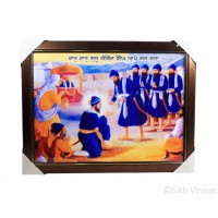 Amrit Sanchar Colored Photo Guru Gobind Singh Ji and Panj Pyare, Wooden Frame with golden lining, Size – 17x23