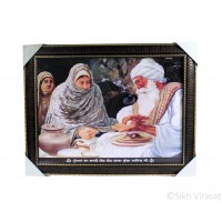 Baba Budha Sahib Ji Colored Photo, Wooden Frame with line pattern and golden outlines, Size – 17x23