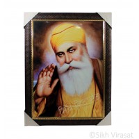 Shri Guru Nanak Dev Ji Colored Photo, Wooden Frame with Pattern & Golden Lining, Size – 17x23