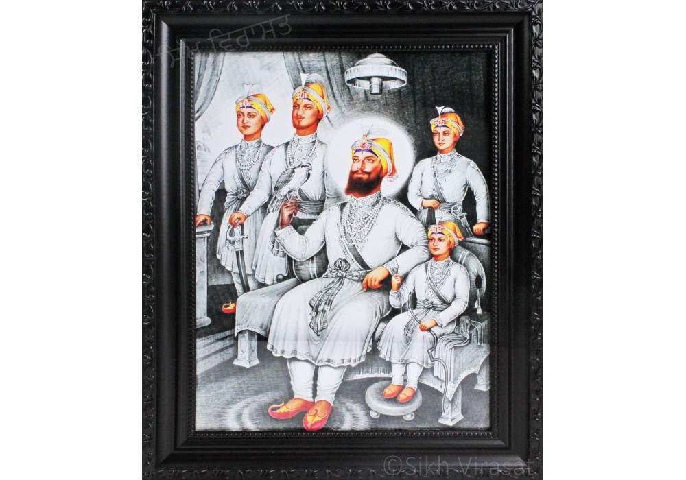 Sri Guru Gobind Singh Ji With Char Sahibzade Black & White Photo Size – 9x12