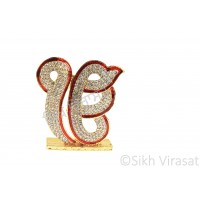 Ek(Ik) Onkar Golden Diamond Designer Model Color Golden & Red Statue-Home Room Office Car Dashboard Decor Gift Item Dashboard Accessories Small Size 2.7 Inches  